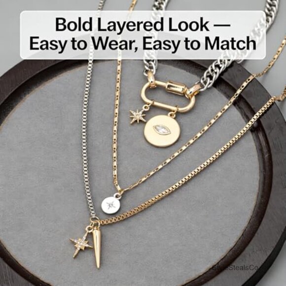 3-Piece Mixed Metal Layered Necklace Set with Evil Eye & Star Charms - Picture 3 of 6